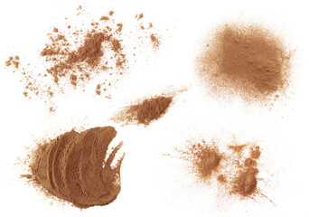 Set cinnamon powder scattered isolated on white, texture