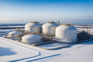 Obraz premium A huge industrial complex with a massive LNG storage tank designed to store liquefied natural gas.
