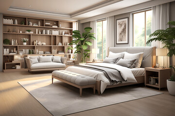 Modern bedroom interior in beige color.