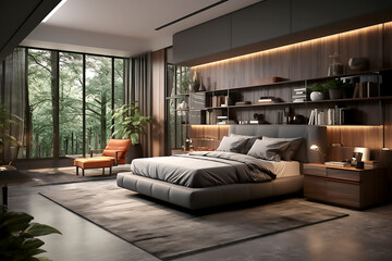 Modern bedroom interior in brown color.