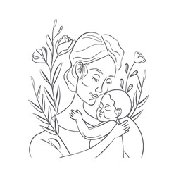 vector line art of mother and kid with flowers background