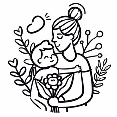 vector line art of mother and kid with flowers background