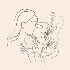 vector line art of mother and kid with flowers background