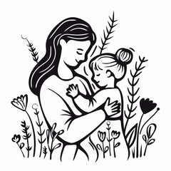 vector line art of mother and kid with flowers background