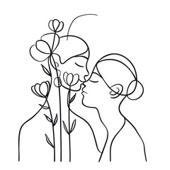 vector line art of mother and kid with flowers background