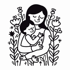 vector line art of mother and kid with flowers background