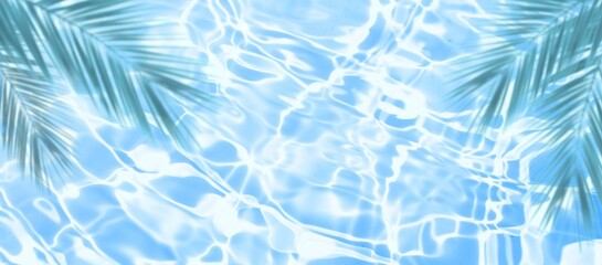 Palm tree branches shadow on blue water surface. shadow of palm leaves on blue texture background....