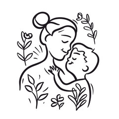 vector line art of mother and kid with flowers background