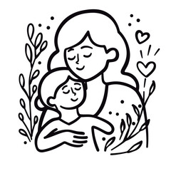 vector line art of mother and kid with flowers background