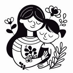 vector line art of mother and kid with flowers background