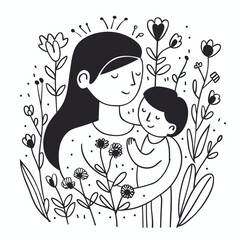 vector line art of mother and kid with flowers background