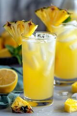 An overflowing glass of pineapple and ginger lemonade in a refreshing and stimulating vision. Golden colored lemonade sparkles under the light.