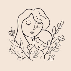 Vector line art Mother with her child with flower background
