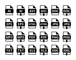 file format black icons, file extensions, file formats flat vector elements