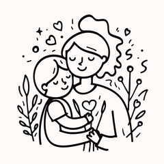 Vector line art Mother with her child with flower background