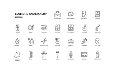 beauty woman cosmetic and makeup skincare face treatment outline line icon set