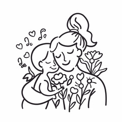 Vector line art Mother with her child with flower background