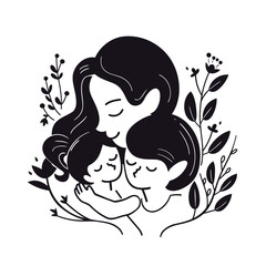 Vector line art Mother with her child with flower background