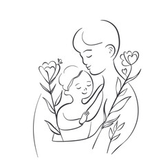Vector line art Mother with her child with flower background