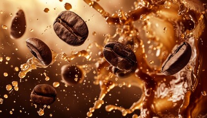 Flying coffee beans in coffee splash. Roasted coffee beans on warm golden brown background in motion with coffee drops