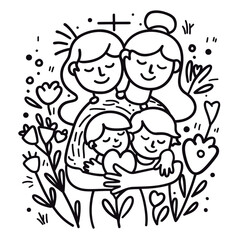 Vector line art Mother with her child with flower background