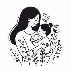Vector line art mother and kid with flowers