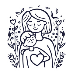 Vector line art mother and kid with flowers