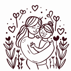 Vector line art mother and kid with flowers