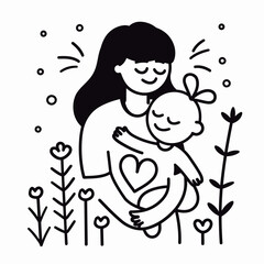 Vector line art mother and kid with flowers