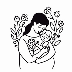 Vector line art mother and kid with flowers
