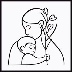 Vector line art mother and kid with flowers