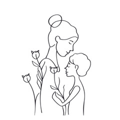 Vector line art mother and kid with flowers