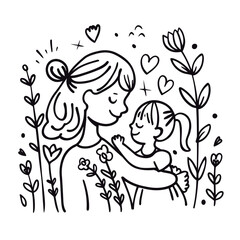 Vector line art mother and kid with flowers