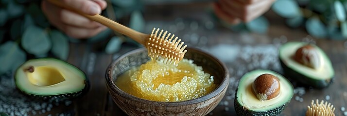 Homemade, DIY natural hair conditioning treatment in a cozy, domestic setting and a brush