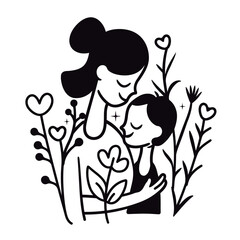 Vector line art mother and kid with flowers