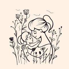 Vector line art mother and kid with flowers
