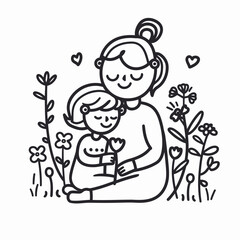 Vector line art mother and kid with flowers