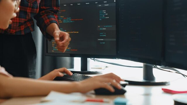Back end or software developer manager supervising his team on new application program development on debugging and solving complex code algorithms on monitor. Burgeoning