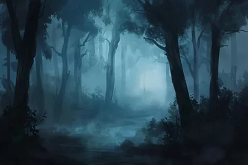Afwasbaar fotobehang dark moody forest landscape mysterious misty woods with dense fog atmospheric eerie scenery background digital painting digital ilustration © Lucija