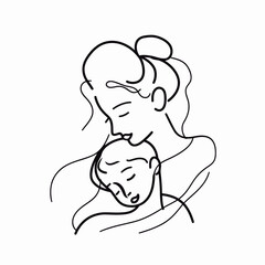 Vector line art mother and kid with flowers