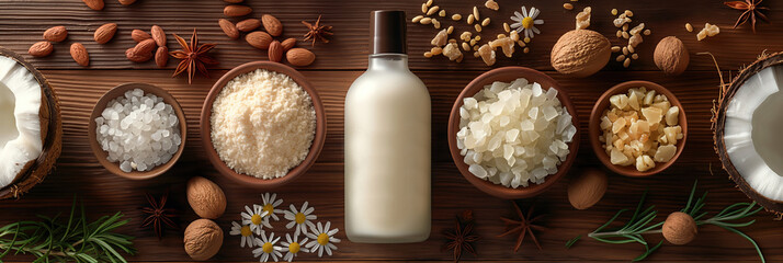 Bottle of high end hair conditioner surrounded by natural ingredients - coconut oil, argan oil, and shea butter