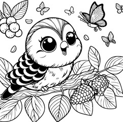 Cute little parrot black outline children coloring book.