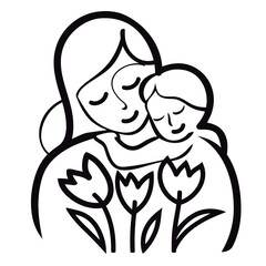 Vector line art mother and kid with flowers