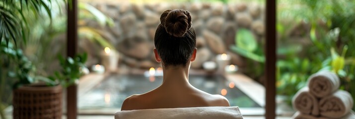 A woman is sitting in a spa with candles lit around her