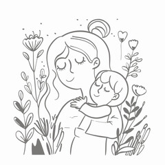 Vector line art mother and kid with flowers
