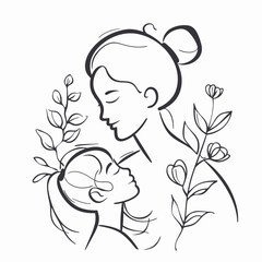 Vector line art mother and kid with flowers
