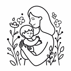 Vector line art mother and kid with flowers