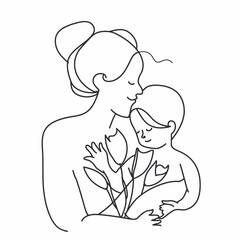 Vector line art mother and kid with flowers