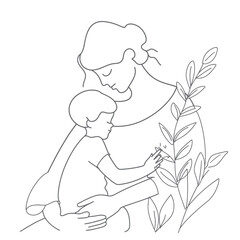 Vector line art mother and kid with flowers