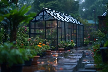 Atmospheric image of a small greenhouse during a gentle rain, with droplets clinging to the glass and the plants